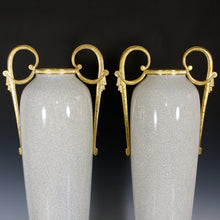 Load image into Gallery viewer, Pair Tall Art Deco French Ceramic &amp; Bronze Vases, Crackle Glaze

