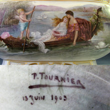 Load image into Gallery viewer, LARGE ANTIQUE FRENCH PORCELAIN JARDINIERE HAND PAINTED ROMANTIC SCENE DATED 1906
