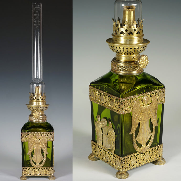 baccarat French oil lamp gilt bronze empire decoration antiques decor glass crystal green color gold