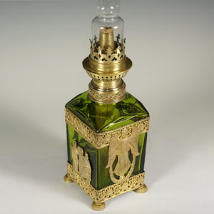 Antique Napoleon III era oil lamp, French gilt bronze ormolu crystal glass