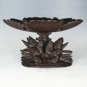 Pair Antique Black Forest Hand Carved Wood Birds & Leaves, Figural Tazzas, Footed Trays, Compote Centerpieces