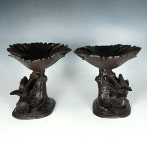 Pair Antique Black Forest Hand Carved Wood Birds & Leaves, Figural Tazzas, Footed Trays, Compote Centerpieces
