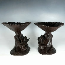 Load image into Gallery viewer, Pair Antique Black Forest Hand Carved Wood Birds &amp; Leaves, Figural Tazzas, Footed Trays, Compote Centerpieces
