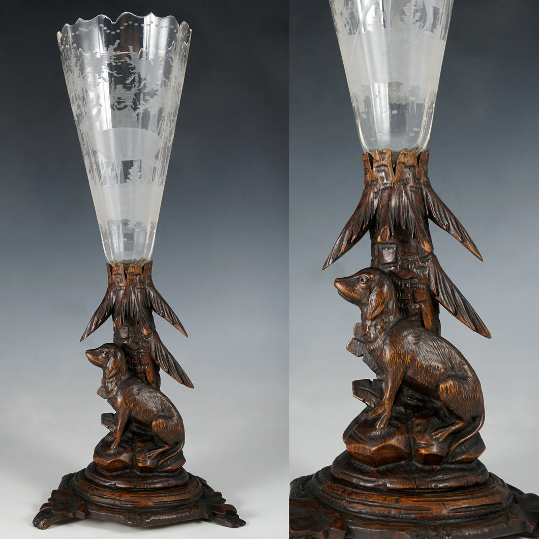 Antique Black Forest Hand Carved Wood Figural Dog Epergne Trumpet Vase Bohemian Hunting Theme Engraved Intaglio Glass
