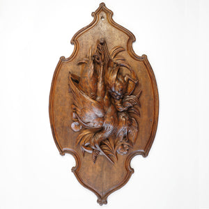 Antique Black Forest Carved Wood Wall Plaque 32" Large Hunting Trophy Fruits of the Hunt Game Birds Animals