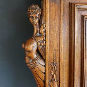 Large Antique French Hand Carved Walnut Wood Wall Panel, Figural Athena & Caryatids, Furniture Salvage Cabinet Door Plaque