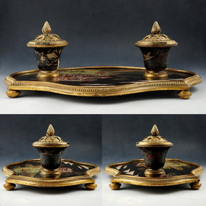 Antique French Chinoiserie Coromandel Lacquer Gilt Bronze Inkwell