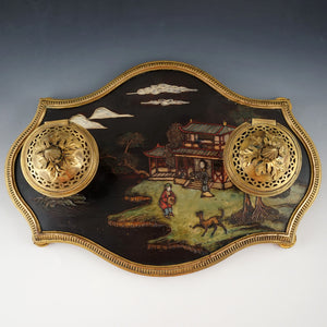 Antique French Chinoiserie Coromandel Lacquer Gilt Bronze Inkwell