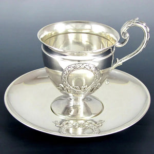 Superb Antique French Sterling Silver Tea Coffee Cup & Saucer Set, Applied Decoration, 201.7g