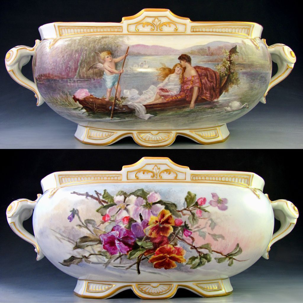 LARGE ANTIQUE FRENCH PORCELAIN JARDINIERE HAND PAINTED ROMANTIC SCENE DATED 1906