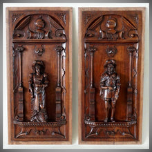 Load image into Gallery viewer, Pair Antique French Carved Wood Panels, Troubadour Style Figures
