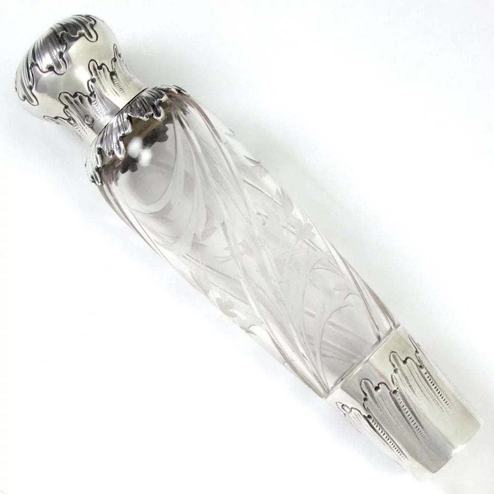 Ornate Antique Art Nouveau French Sterling Silver Liquor Flask, Cut Crystal Engraved Floral Intaglios, by Saglier Freres