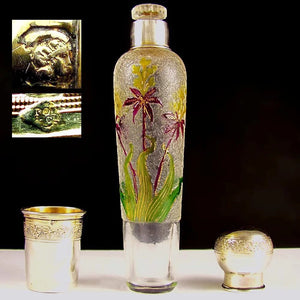 Antique French Sterling Silver Vermeil Art Glass Liquor Bottle Flask