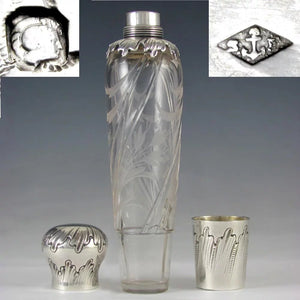 Ornate Antique Art Nouveau French Sterling Silver Liquor Flask, Cut Crystal Engraved Floral Intaglios, by Saglier Freres