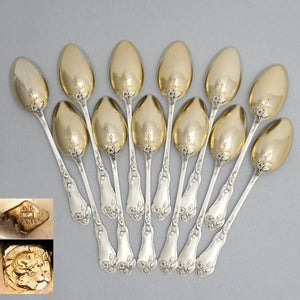 12 Antique French Sterling Silver Teaspoons, Coffee Tea Moka Spoons Set, Art Nouveau Morning Glory Flowers, Boxed