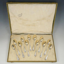Load image into Gallery viewer, 12 Antique French Sterling Silver Teaspoons, Coffee Tea Moka Spoons Set, Art Nouveau Morning Glory Flowers, Boxed
