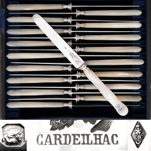 CARDEILHAC : Antique French Sterling Silver & Mother of Pearl Dessert Knives, 18pc Knife Set