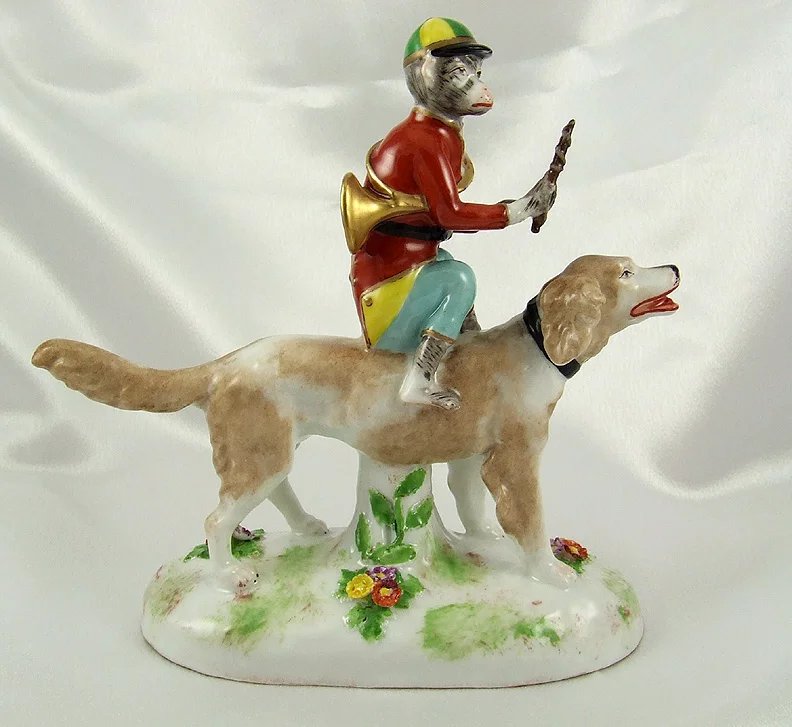 Rare French Porcelain Monkey Band Riding a Dog Figurine