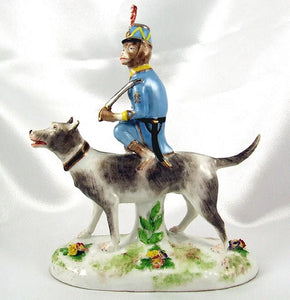 Antique French Porcelain de Paris Monkey Riding a Dog Figurine