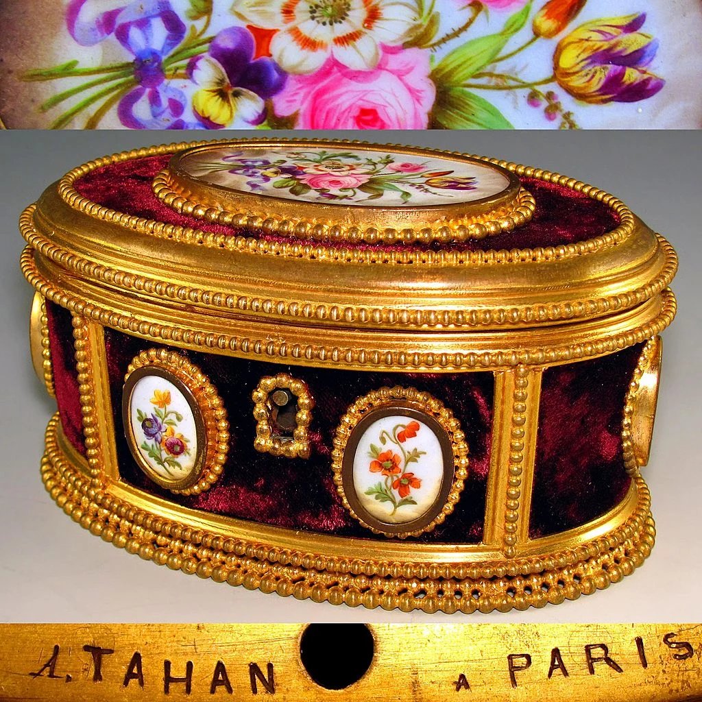 Antique French Signed TAHAN Gilt Bronze & Hand Painted Porcelain Jewelry Casket / Box