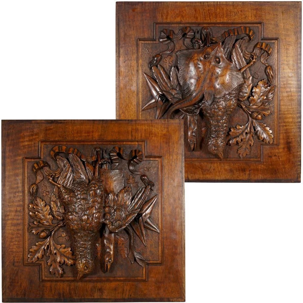 Pair Large Antique Black Forest Hand Carved Wood Panels Fruits of the Hunt Theme Trophy Wall Plaques - Still Life Carving of Birds & Fish, Stingray - Fishing & Hunting Decor