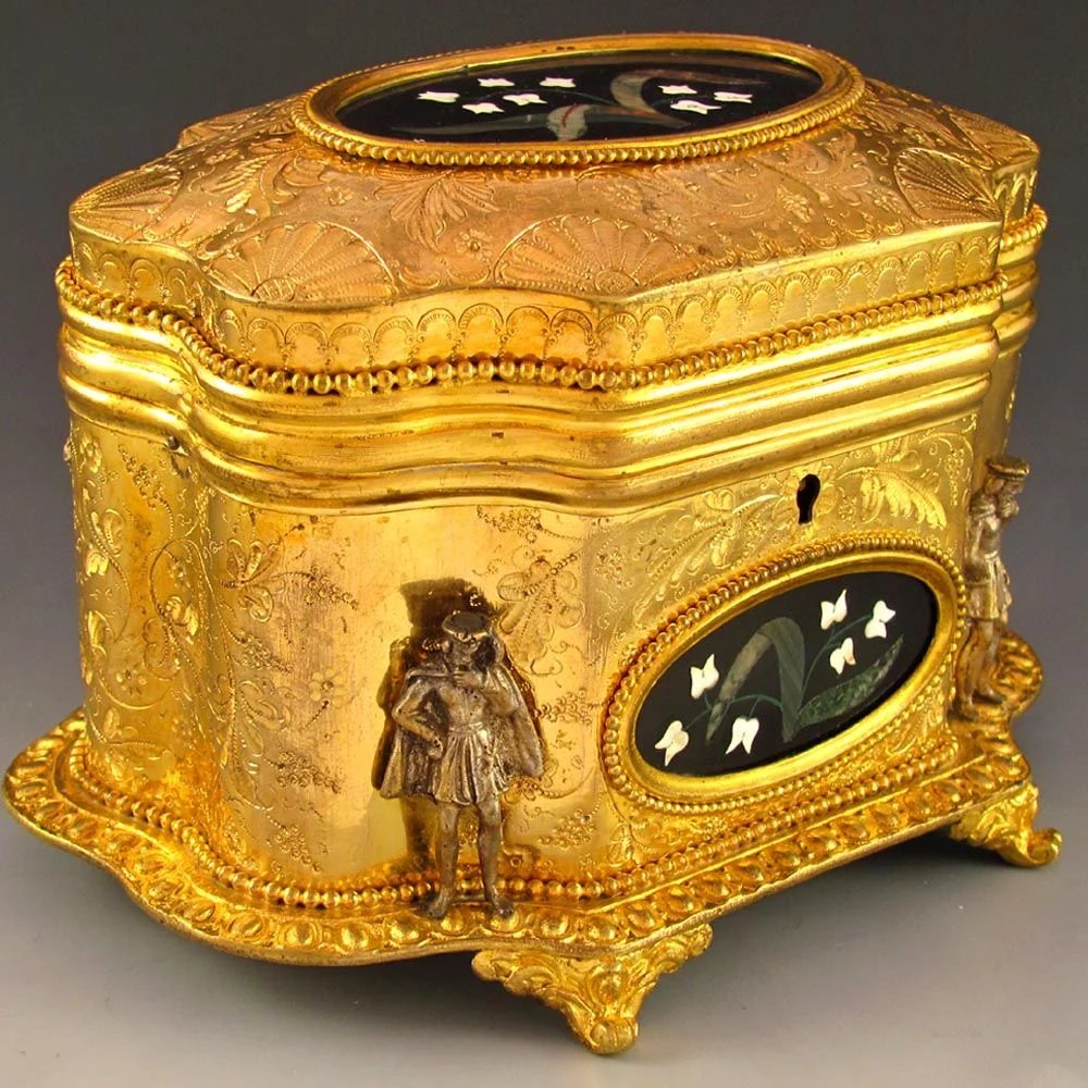 Antique French Signed Giroux Pietra Dura Gilt Bronze Ormolu Jewelry Casket Box