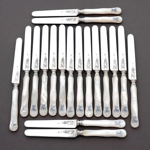 CARDEILHAC : Antique French Sterling Silver & Mother of Pearl Dessert Knives, 18pc Knife Set