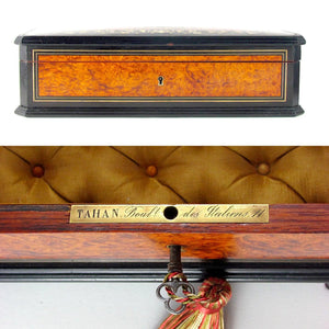 Antique French TAHAN Burl Wood Brass Inlaid Jewelry Box / Casket