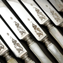 Load image into Gallery viewer, CARDEILHAC : Antique French Sterling Silver &amp; Mother of Pearl Dessert Knives, 18pc Knife Set
