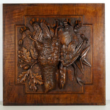 Load image into Gallery viewer, Pair Large Antique Black Forest Hand Carved Wood Panels Fruits of the Hunt Theme Trophy Wall Plaques - Still Life Carving of Birds &amp; Fish, Stingray - Fishing &amp; Hunting Decor
