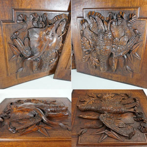 Pair Large Antique Black Forest Hand Carved Wood Panels Fruits of the Hunt Theme Trophy Wall Plaques - Still Life Carving of Birds & Fish, Stingray - Fishing & Hunting Decor