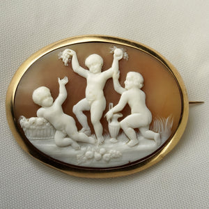 antique victorian French 18k gold carved shell cameo brooch cherubs