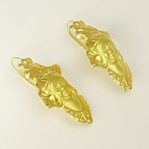 French 18K Yellow Gold Figural Dangle Earrings, Woman Portrait