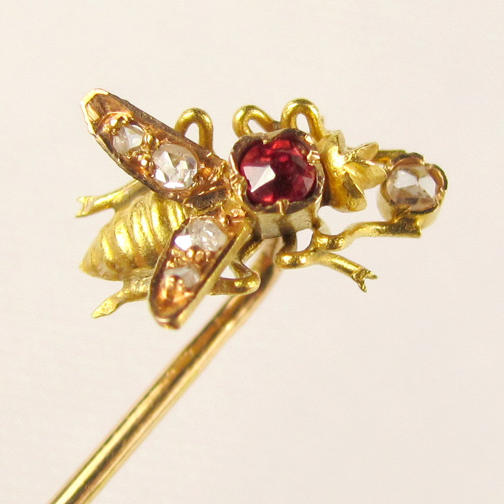 Antique Victorian French 18K Gold Diamond & Ruby Figural Bee Stickpin Pin Brooch