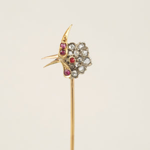 Antique Victorian French 18K Gold Diamond Ruby Parrot Bird Head Stick Pin Brooch
