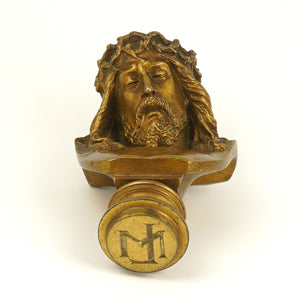 Antique French Solid Bronze Wax Seal, Bust of Jesus Christ, Desk Stamp