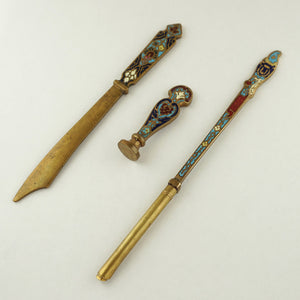 Antique French Champleve Enamel Bronze Writing Calligraphy Set