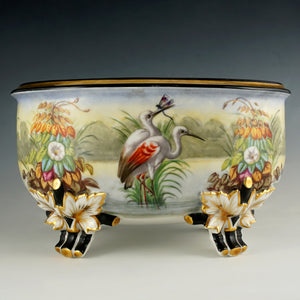 Large Antique French Porcelain Jardiniere, Hand Painted Scene, Birds, Herons / Egrets, Flowers