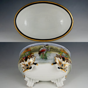Large Antique French Porcelain Jardiniere, Hand Painted Scene, Birds, Herons / Egrets, Flowers