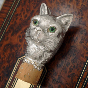 Antique French silver cat head Victorian cane parasol handle