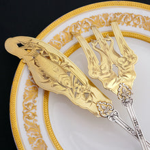 Load image into Gallery viewer, Antique French Sterling Silver Gold Vermeil Fish Server Set Engraved &amp; Pierced
