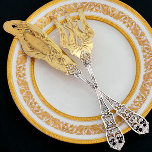 Antique French Sterling Silver Gold Vermeil Fish Server Set Engraved & Pierced
