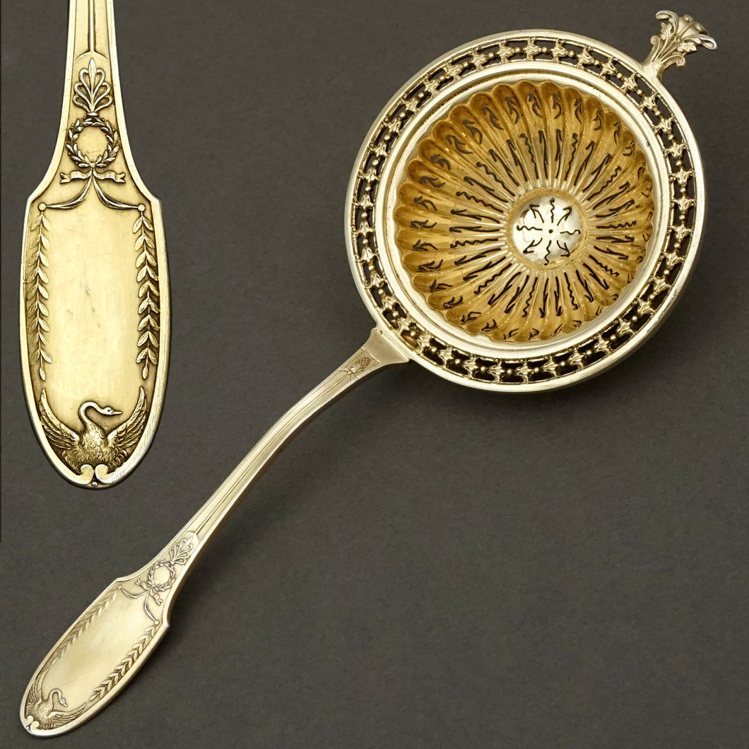 Antique French Sterling Silver Puiforcat Gold Vermeil Tea Strainer, Empire Swans
