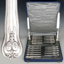 Load image into Gallery viewer, Antique French Sterling Silver Knives, Armorial Heraldry Coat of Arms, Dinner &amp; Luncheon / Dessert Knife Set
