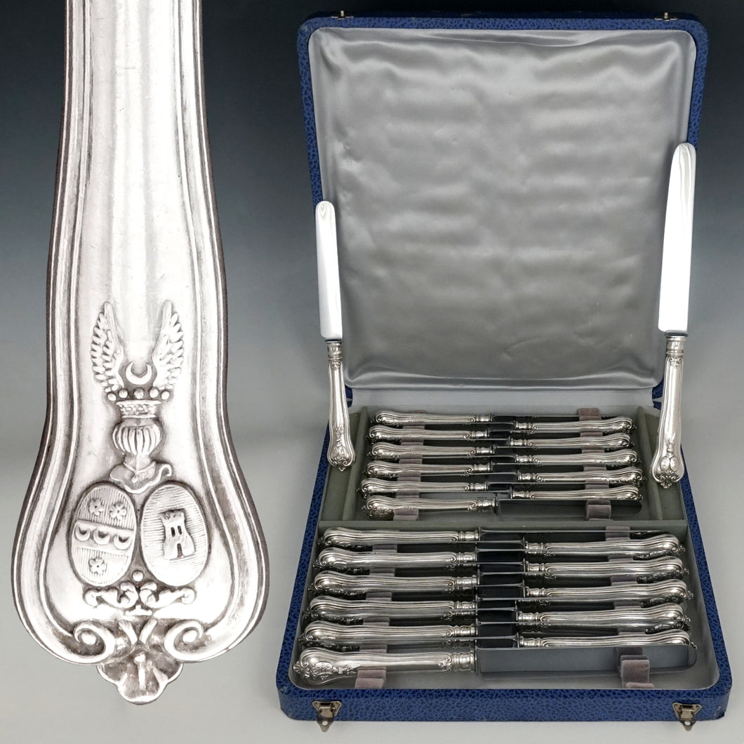 Antique French Sterling Silver Knives, Armorial Heraldry Coat of Arms, Dinner & Luncheon / Dessert Knife Set