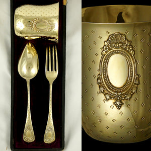 Antique French Sterling Silver Gilt Vermeil 3pc Flatware & Tumbler Cup Gift Set