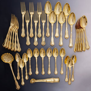 Antique French Sterling Silver Gold Vermeil 38pc Flatware Service, Crowned Armorial Coat of Arms