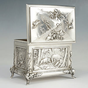 Antique Sterling Silver Jewelry Box Casket French Hunting Theme Deer Stag