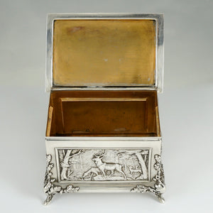 Antique Sterling Silver Jewelry Box Casket French Hunting Theme Deer Stag