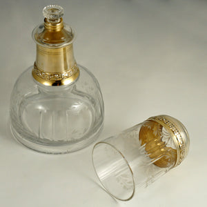 Antique French Sterling Silver Gold Vermeil Cut Crystal Tumble Up Set